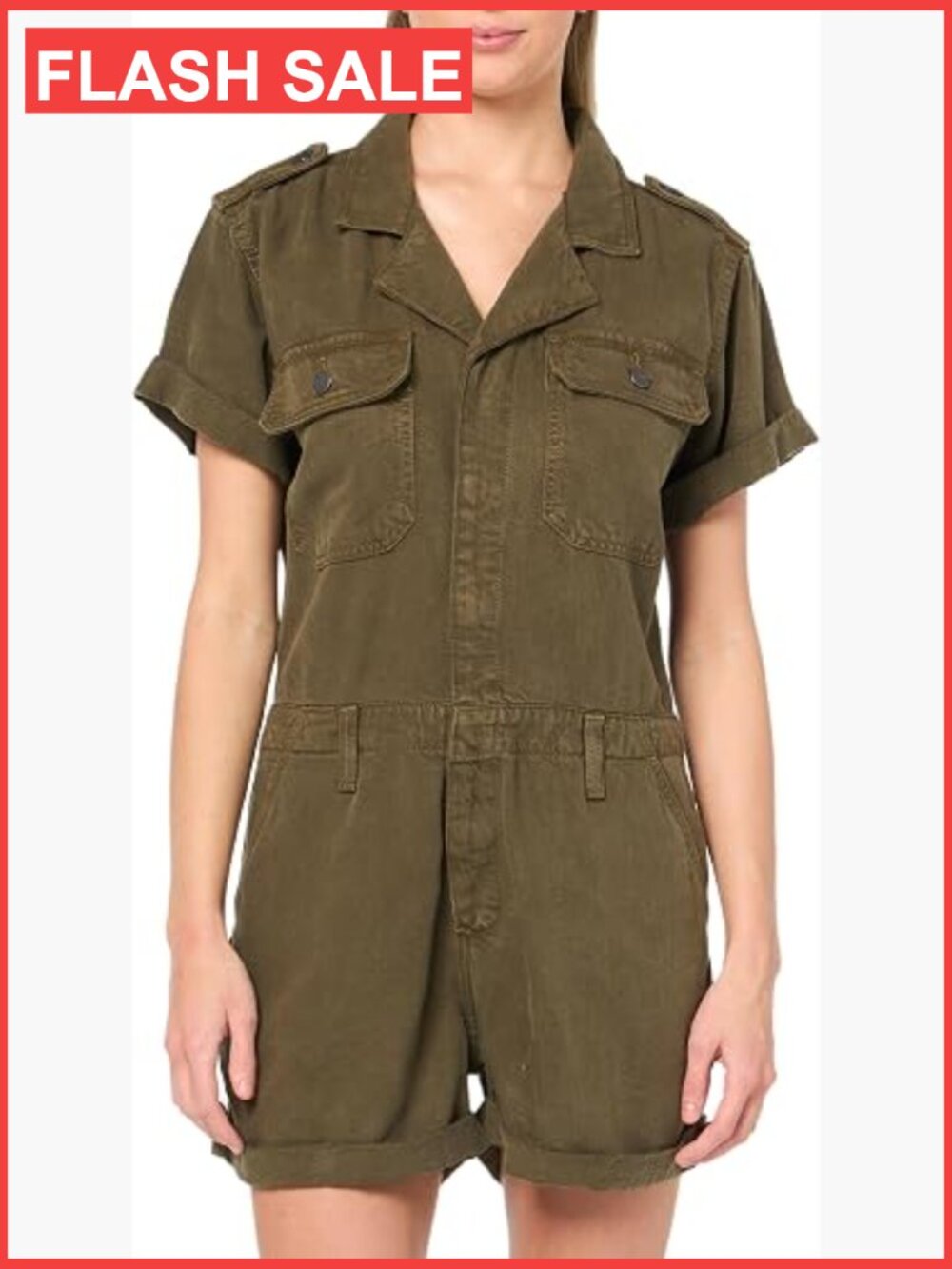Utility Denim Romper with Spread Collar and Flap Pockets
